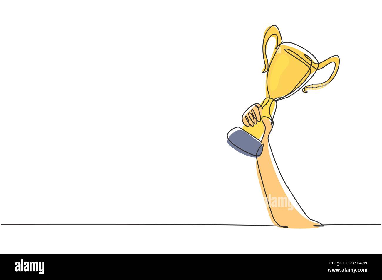 Single continuous line drawing gold trophy held by one hand. Symbol of winning championships, matches and sports competitions. Best achievement ever. Stock Vector