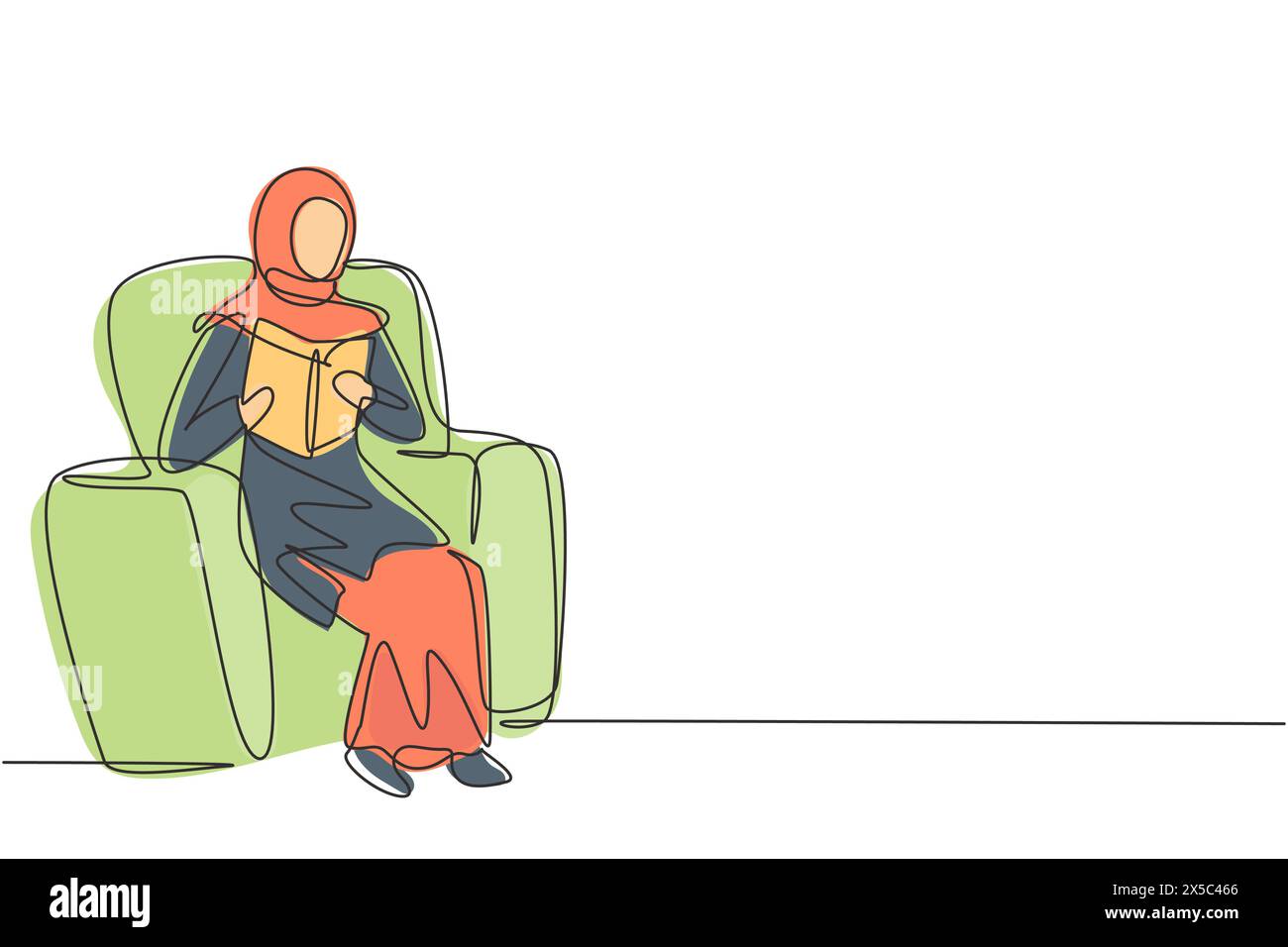 Single continuous line drawing young Arabian female reading, learning ...