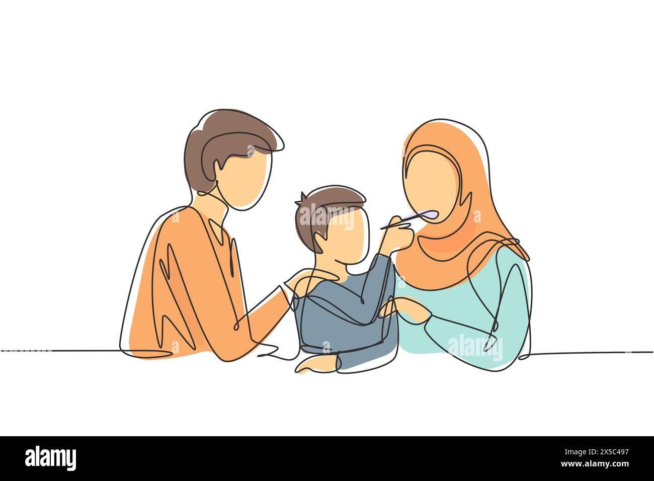 Single one line drawing Arabian family having fun together in modern restaurant. Boy feeds his mother with love. Happy little family concept. Continuo Stock Vector