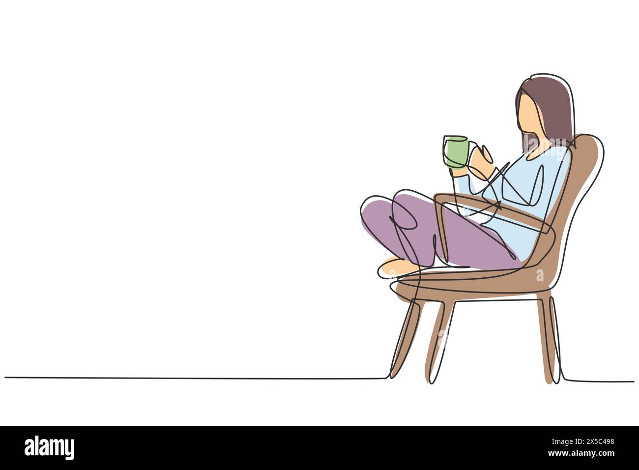 Continuous one line drawing tea time. Relaxed beautiful girl sitting in modern chair, enjoying hot coffee in front of window, side view, free space. S Stock Vector