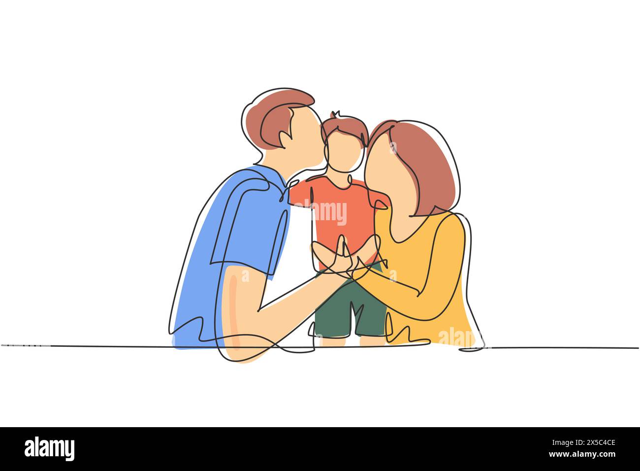 Continuous one line drawing parents kissing their little boy on his cheeks. Adorable child with an innocent expression. National children's day. Singl Stock Vector