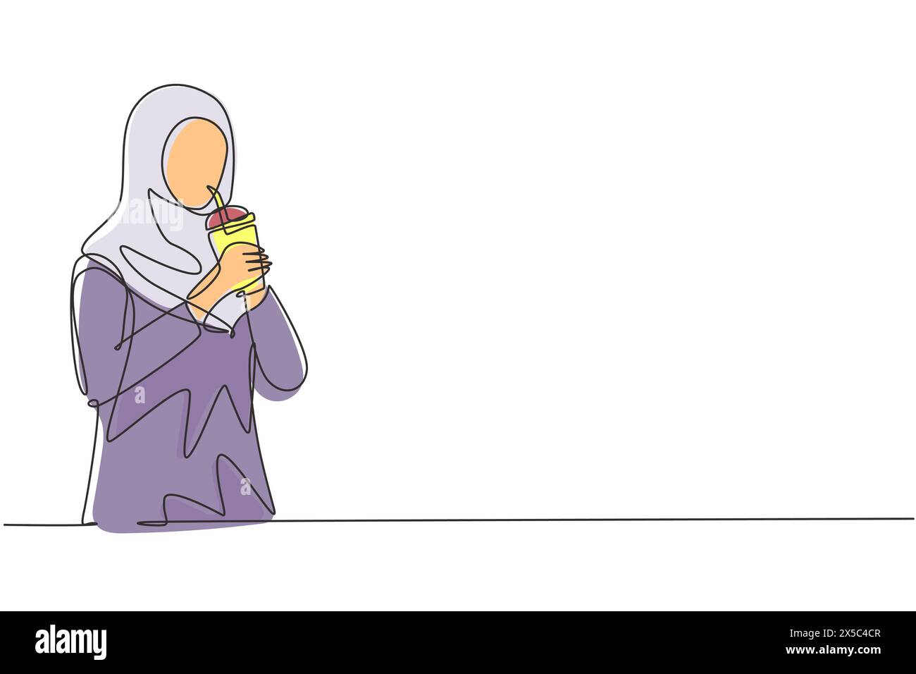 Single one line drawing beautiful Arab woman hold plastic cup and
