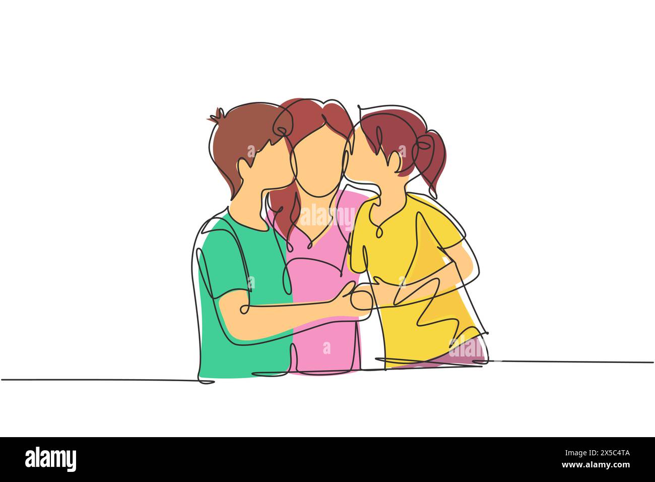 Single one line drawing portrait of children kissing their mother. Mothers day concept. Family holiday. Love of children with their mother. Continuous Stock Vector