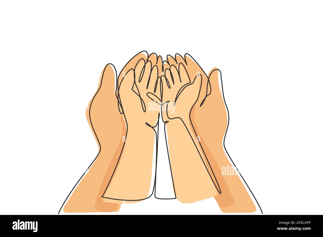 Single continuous line drawing baby hand. Close up of baby hands into mother hands. Tiny Newborn Baby's and female hands. Mom and her child. Dynamic o Stock Vector