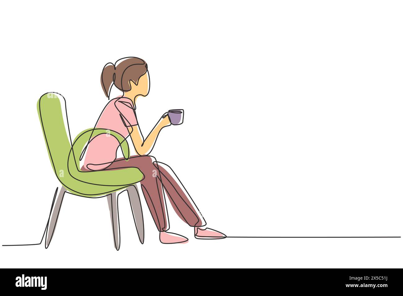 Single continuous line drawing young pretty girl sitting in modern chair, enjoying coffee in front of window at cozy home, side view concept. Dynamic Stock Vector