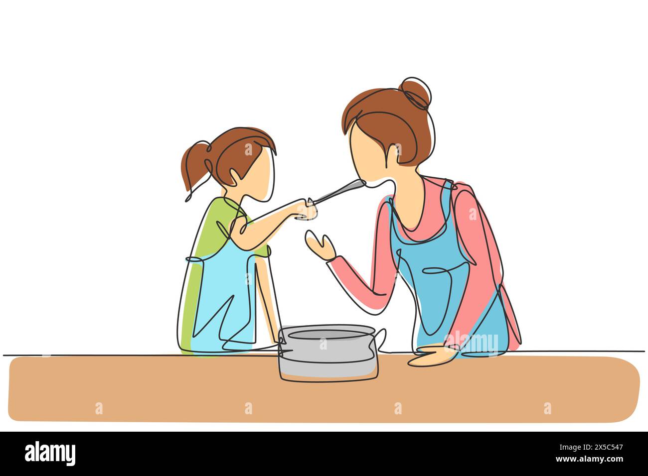 Single one line drawing happy mother tasting food given by her beautiful daughter. Cooking for lunch together in cozy kitchen at home. Modern continuo Stock Vector
