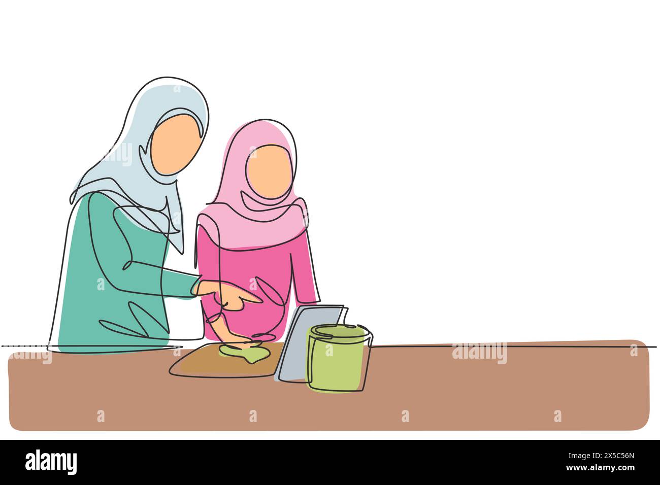 Single continuous line drawing Arabian mother and daughter cooking together while watching tutorial from tablet. Learn to cook with technology. Dynami Stock Vector