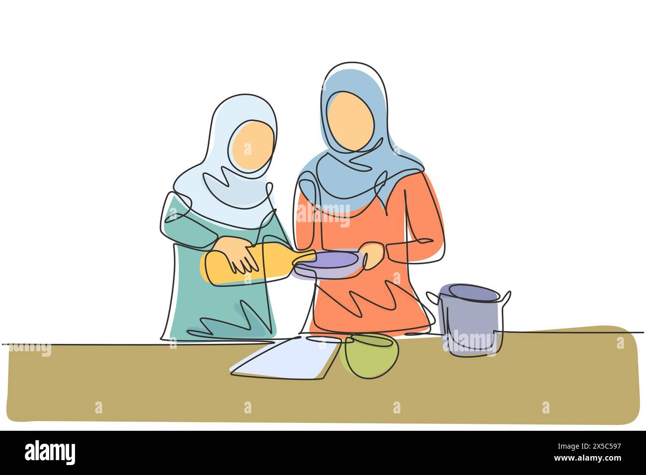 Single continuous line drawing Arabian mother and daughter pour oil into pan which is being held by one of them. Cooking preparation in cozy kitchen. Stock Vector