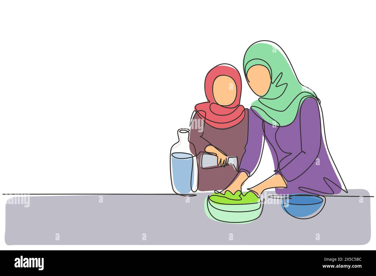 Single continuous line drawing Arabian little daughter helping her mother make dough by adding olive oil. Pastry preparation in cozy kitchen at home. Stock Vector