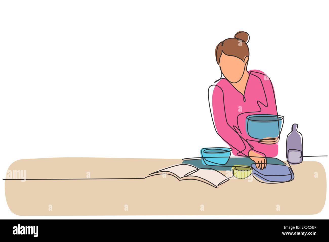 Single one line drawing beautiful woman cooking meal while reading ...