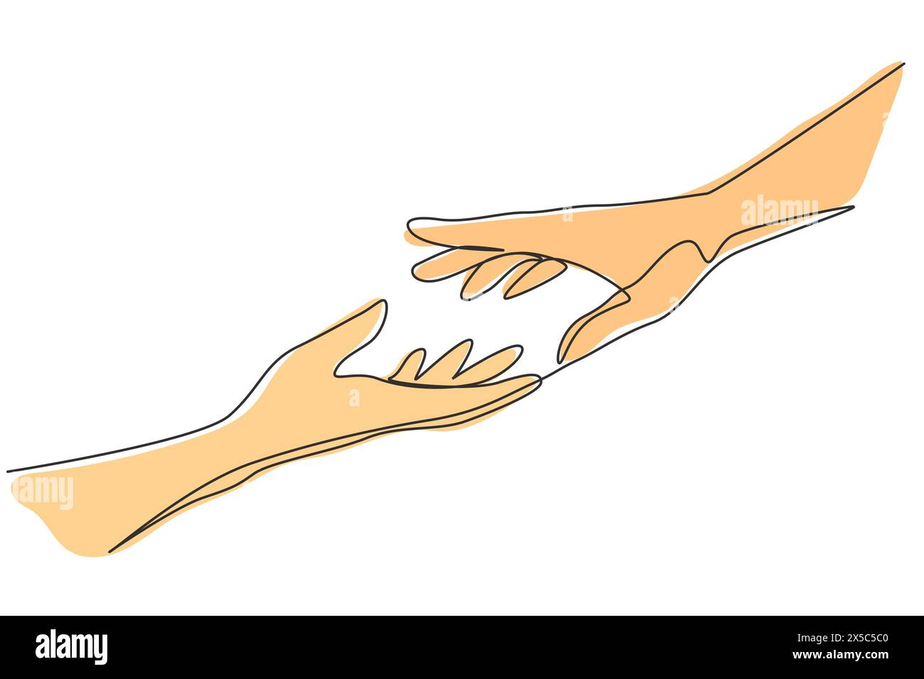 Continuous one line drawing two hands reaching for each other. Sign or symbol of love, hope, caring, helping. Communication with hand gestures Single Stock Vector