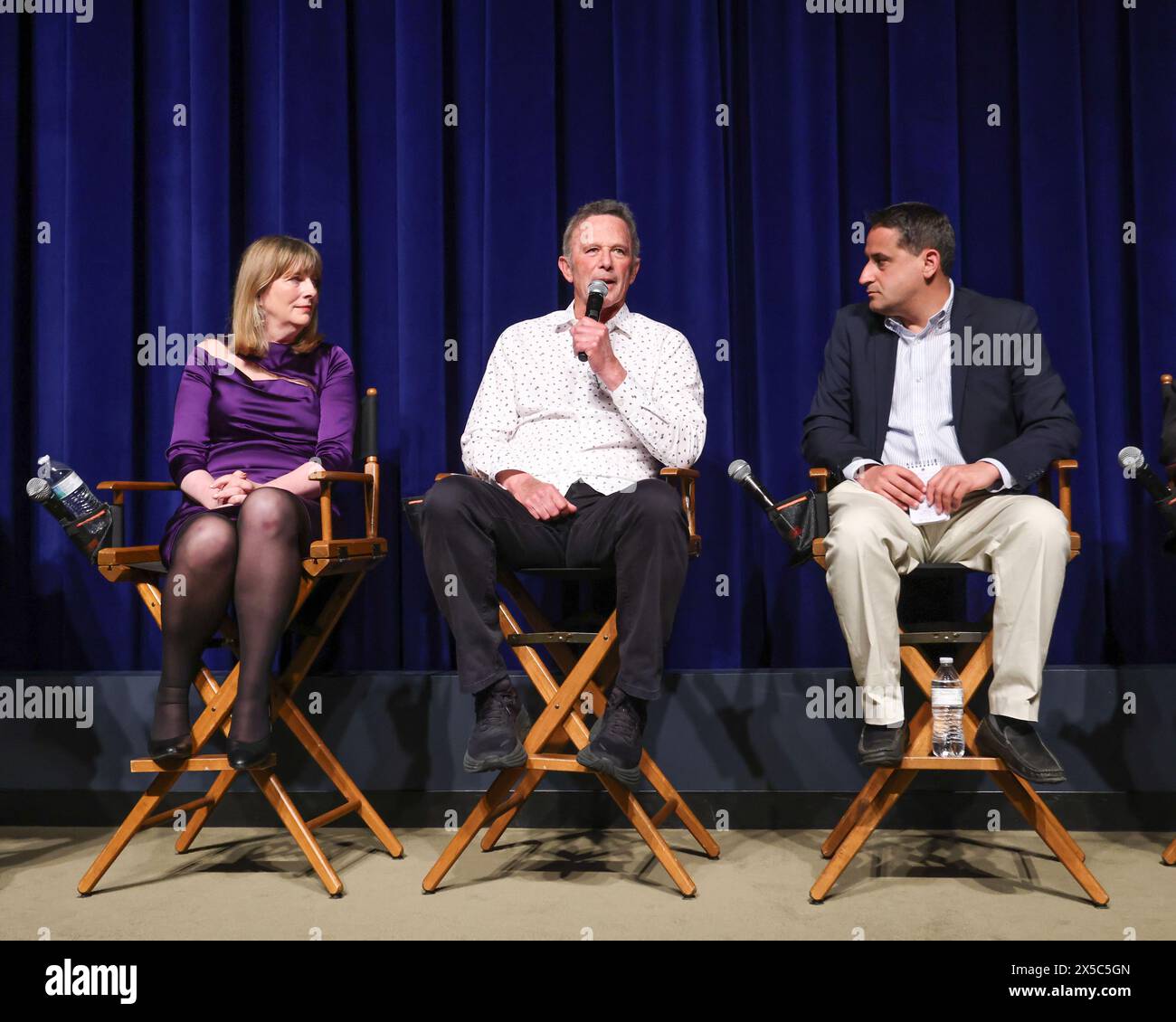 Beverly Hills, California, USA. 2nd May, 2024. Panelists Fionnuala D. Ní Aoláin, United Nations special rapporteur on human rights, Michael Rapkin, detainee defense attorney, and moderator Jeremy Kuzmarov,  at the Los Angeles Premiere of 'I Am Gitmgo' and the launch of the CLSNOW streaming platform with presentation of the CLSNOW Human Rights Award to Fionnuala D. Ní Aoláin, at the Writers Guild Theater in Beverly Hills, California. Credit: Sheri Determan Stock Photo