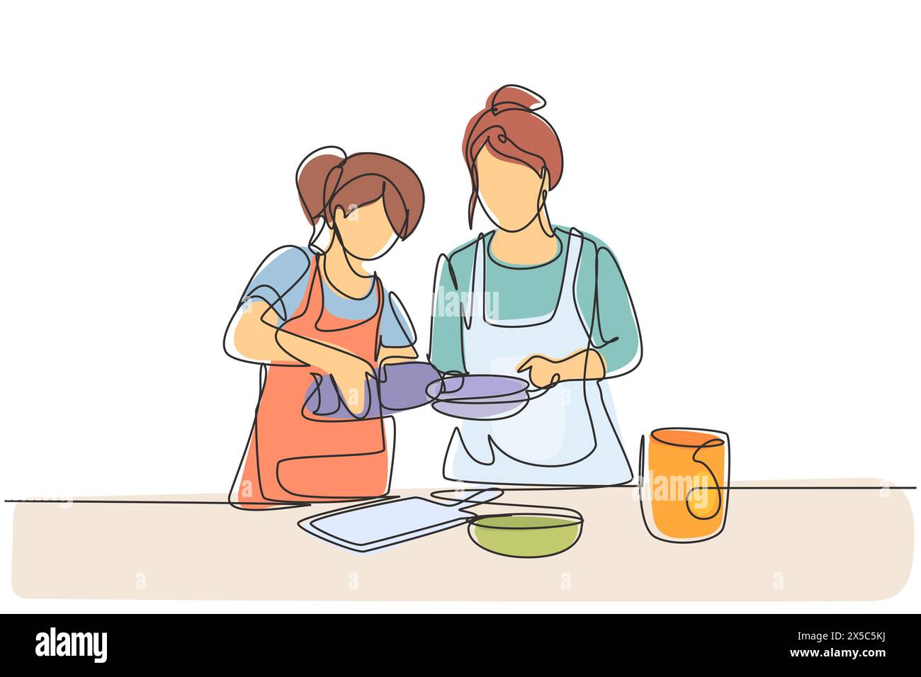 Single one line drawing mother and daughter pour oil into pan which is being held by one of them. Cooking preparation in cozy kitchen at home. Continu Stock Vector