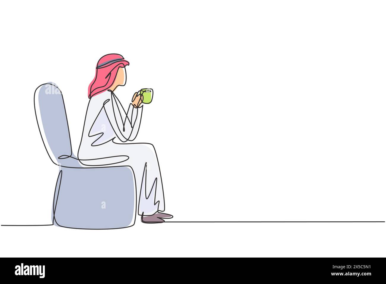 Single continuous line drawing young Arabian boy sitting in modern