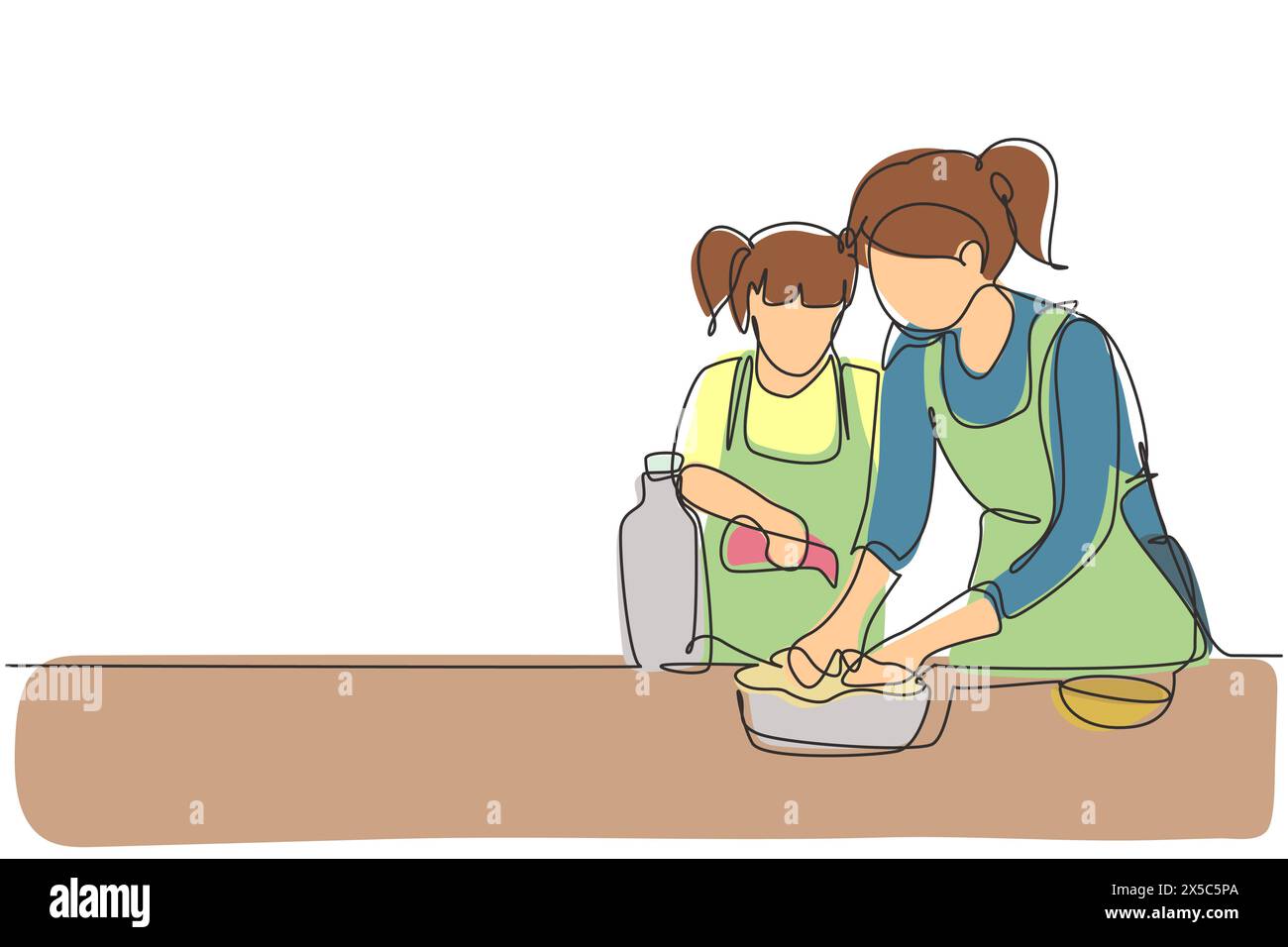 Single one line drawing cute little daughter helping her mother make dough by adding olive oil. Pastry preparation in cozy kitchen at home. Continuous Stock Vector