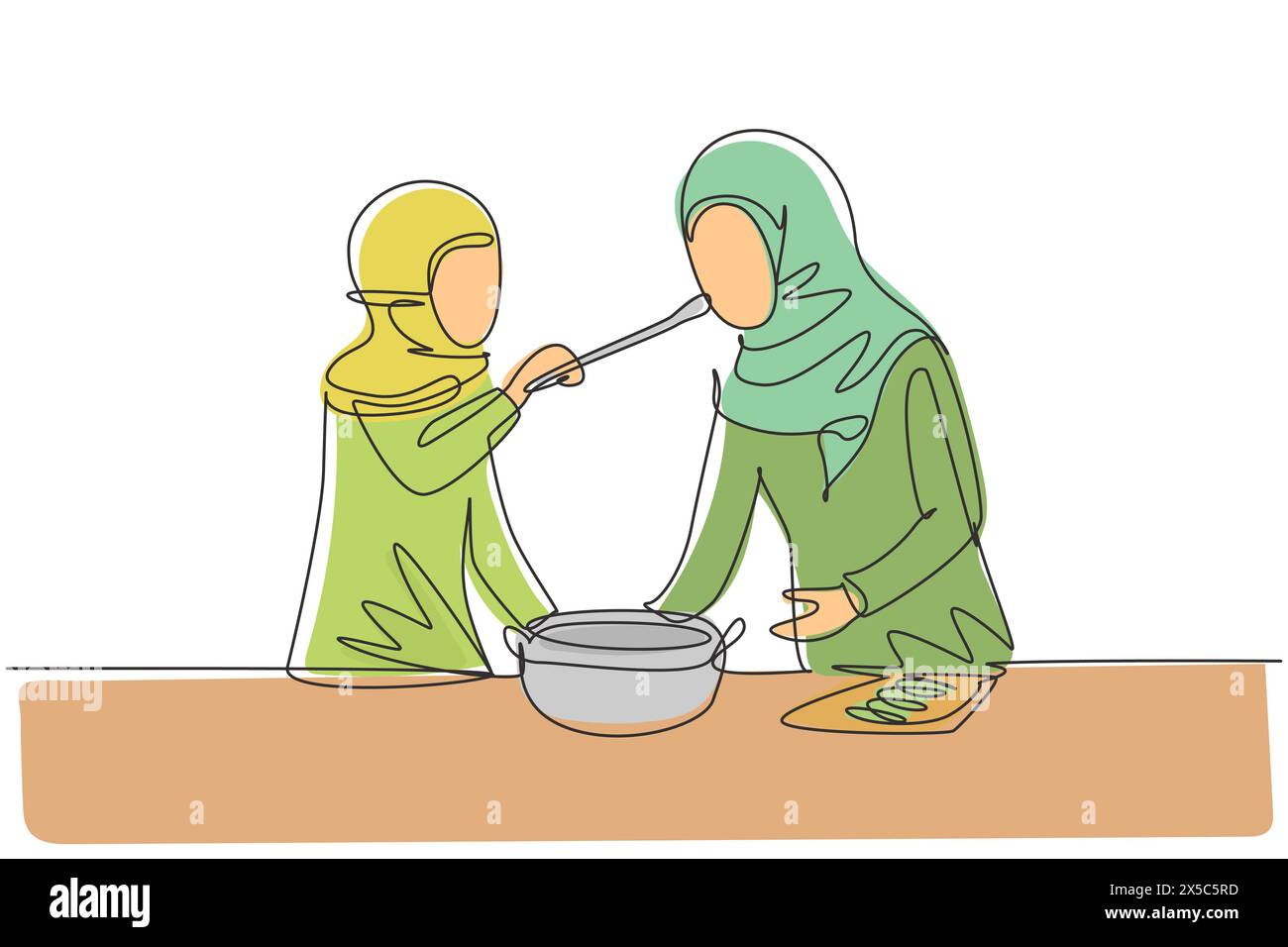Single one line drawing Arabian mother tasting food given by her young beautiful daughter. Cooking for lunch together in cozy kitchen at home. Continu Stock Vector