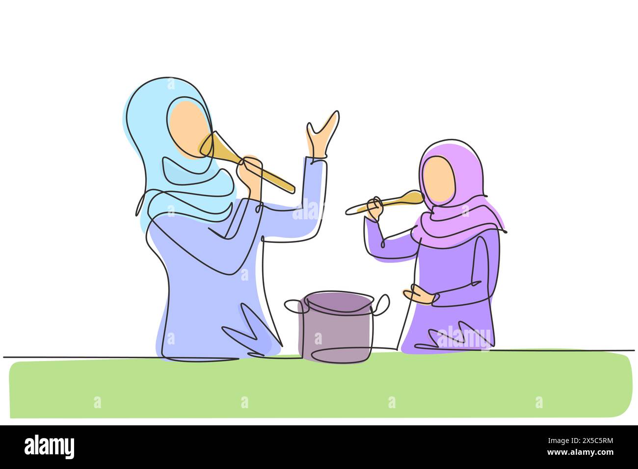 Continuous one line drawing cheerful Arabian mom and her little daughter singing while cooking together, using spatula and spoon as microphones. Singl Stock Vector