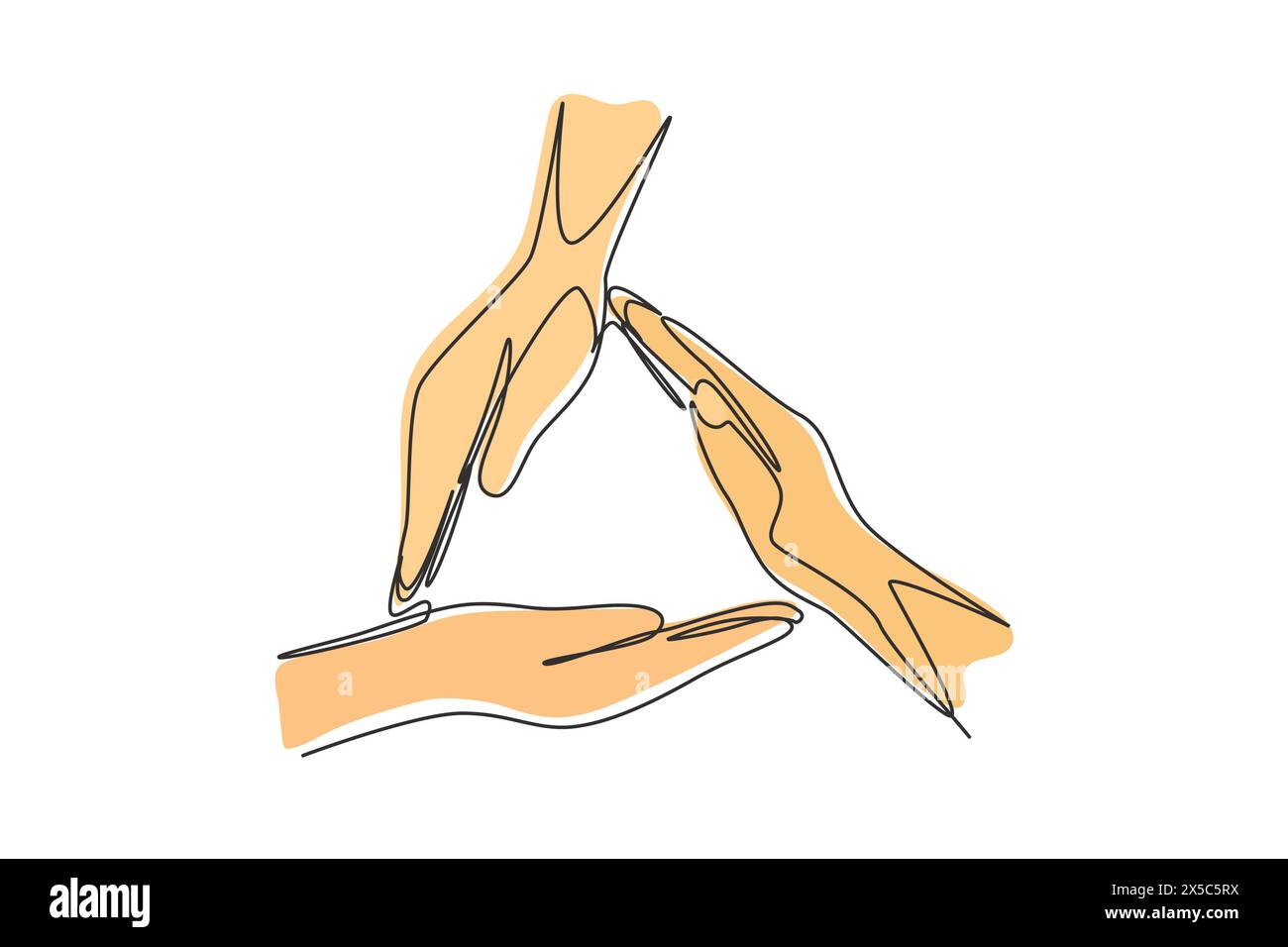 Single continuous line drawing three palm hands make triangle frame ...