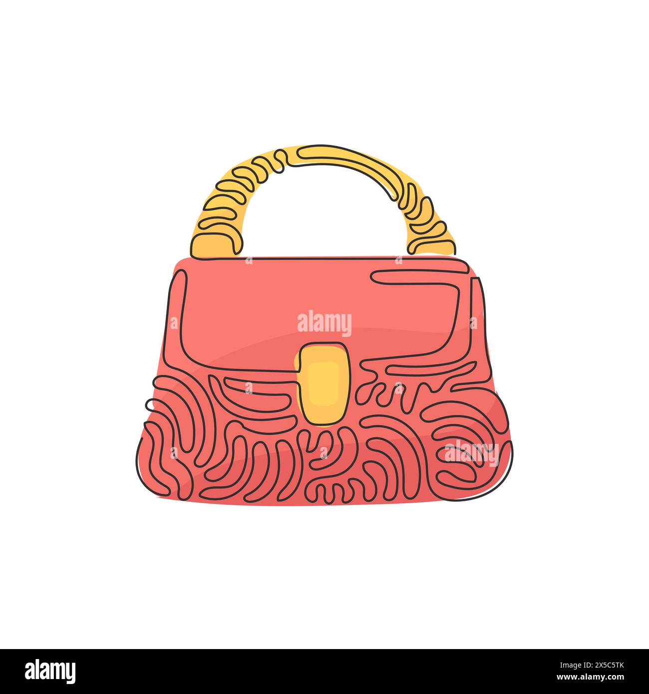 Single one line drawing women handbags collection of fashionable items. Bags with zippers, pockets, handles and adjustable shoulder straps lace. Swirl Stock Vector