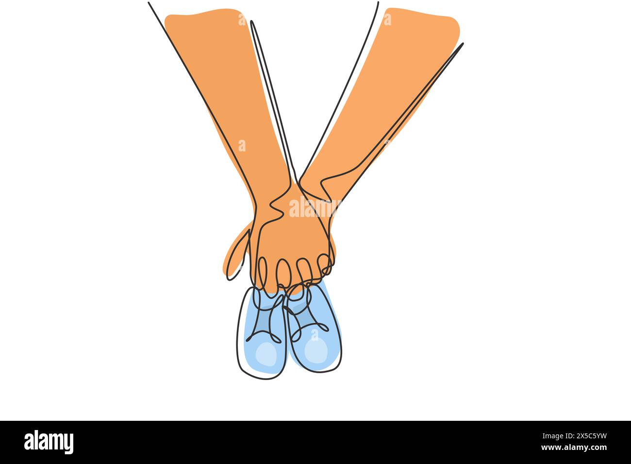 Continuous one line drawing future parents holding hands and pair of little shoes. Childhood with great daddy. Boy have bonding with his father. Singl Stock Vector