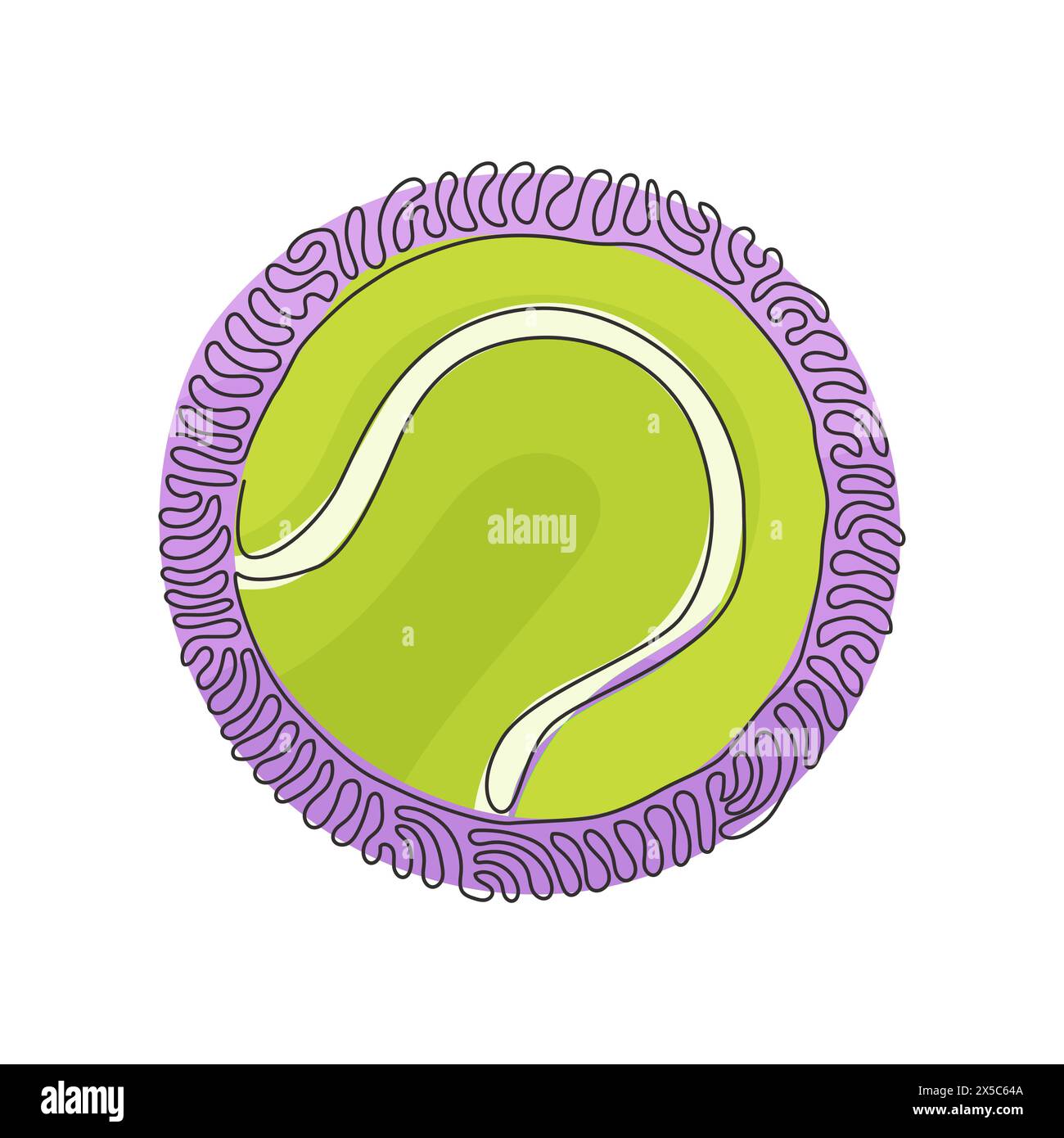 Continuous one line drawing Tennis ball. Game, sport, competing, round. Yellow tennis ball made of felt and rubber. Swirl curl circle background style Stock Vector