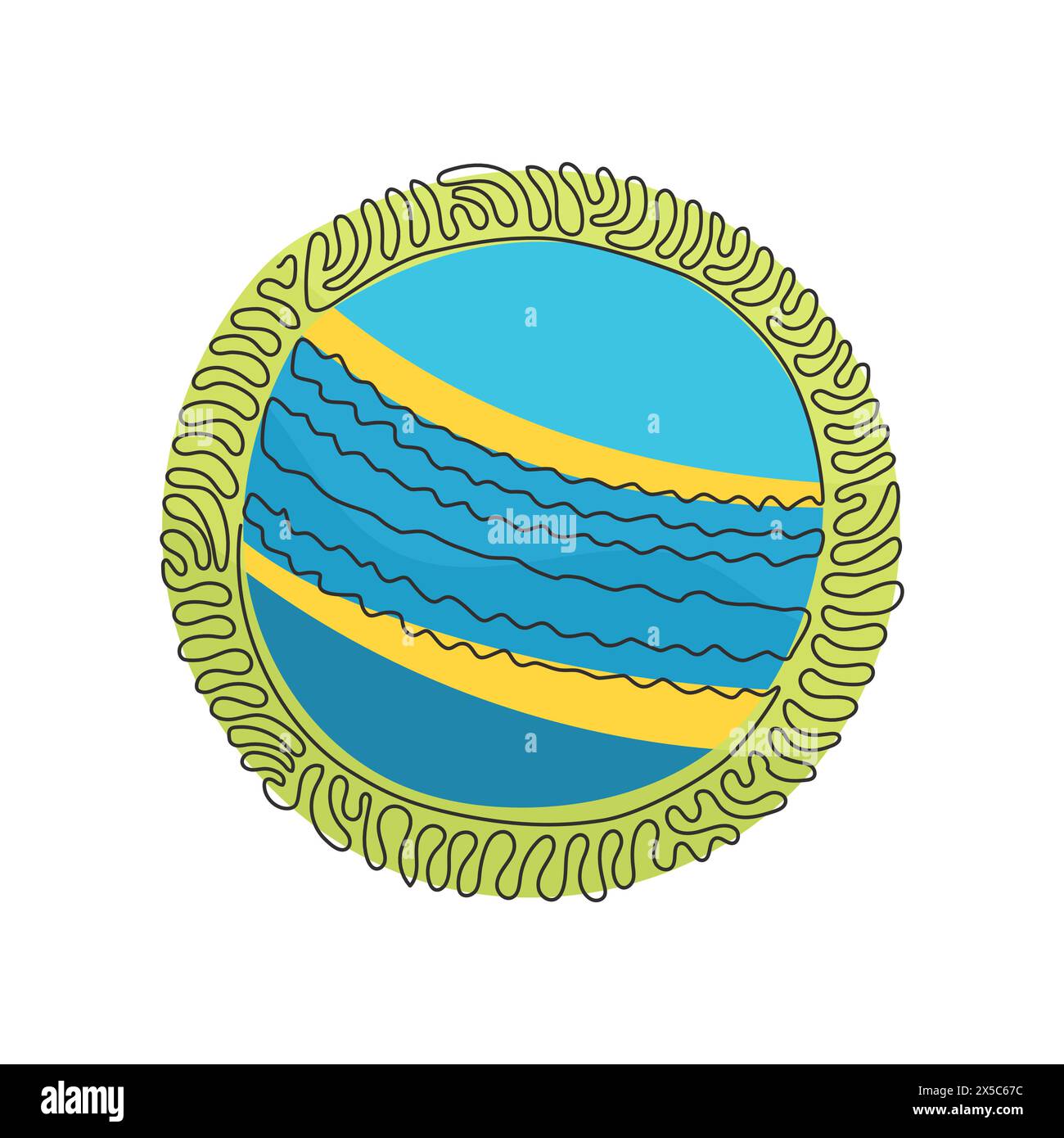 Single continuous line drawing cricket ball leather hard circle stitch close-up. Sports equipment. Summer team sports. Swirl curl circle background st Stock Vector
