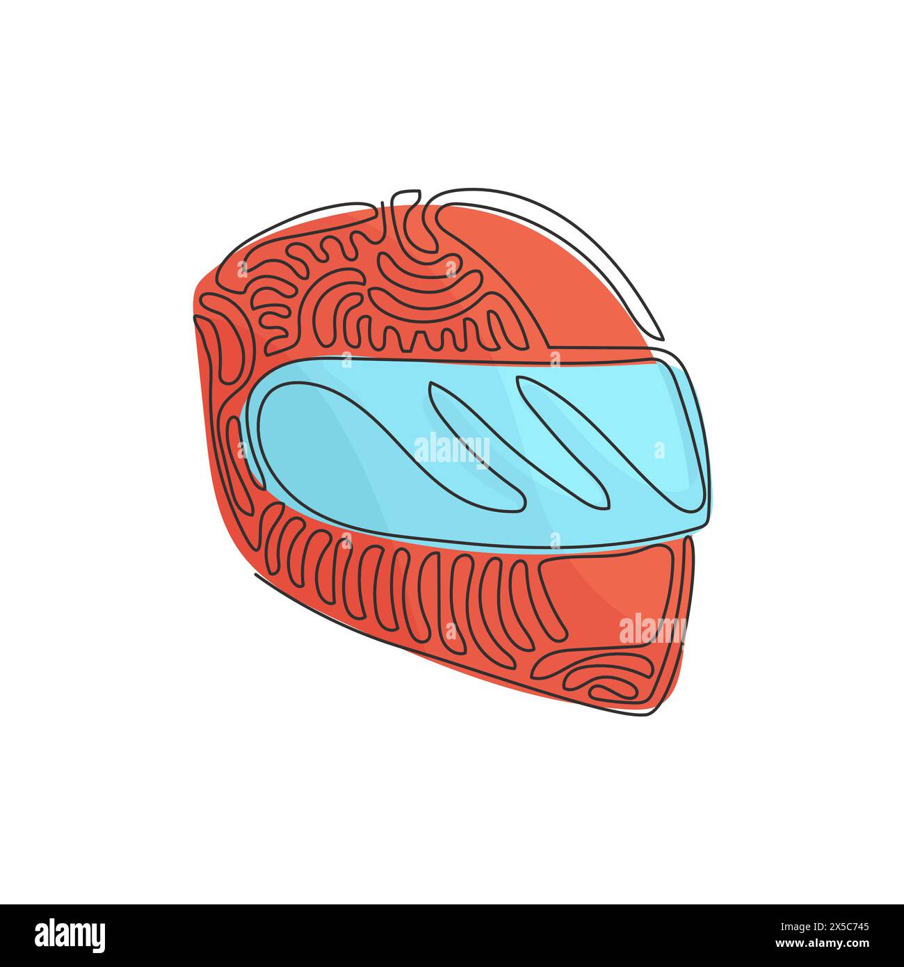 Single one line drawing motorcycle sport helmet. Racer helmet logo. Motorsport car kart racing transportation safety concept. Swirl curl style. Contin Stock Vector