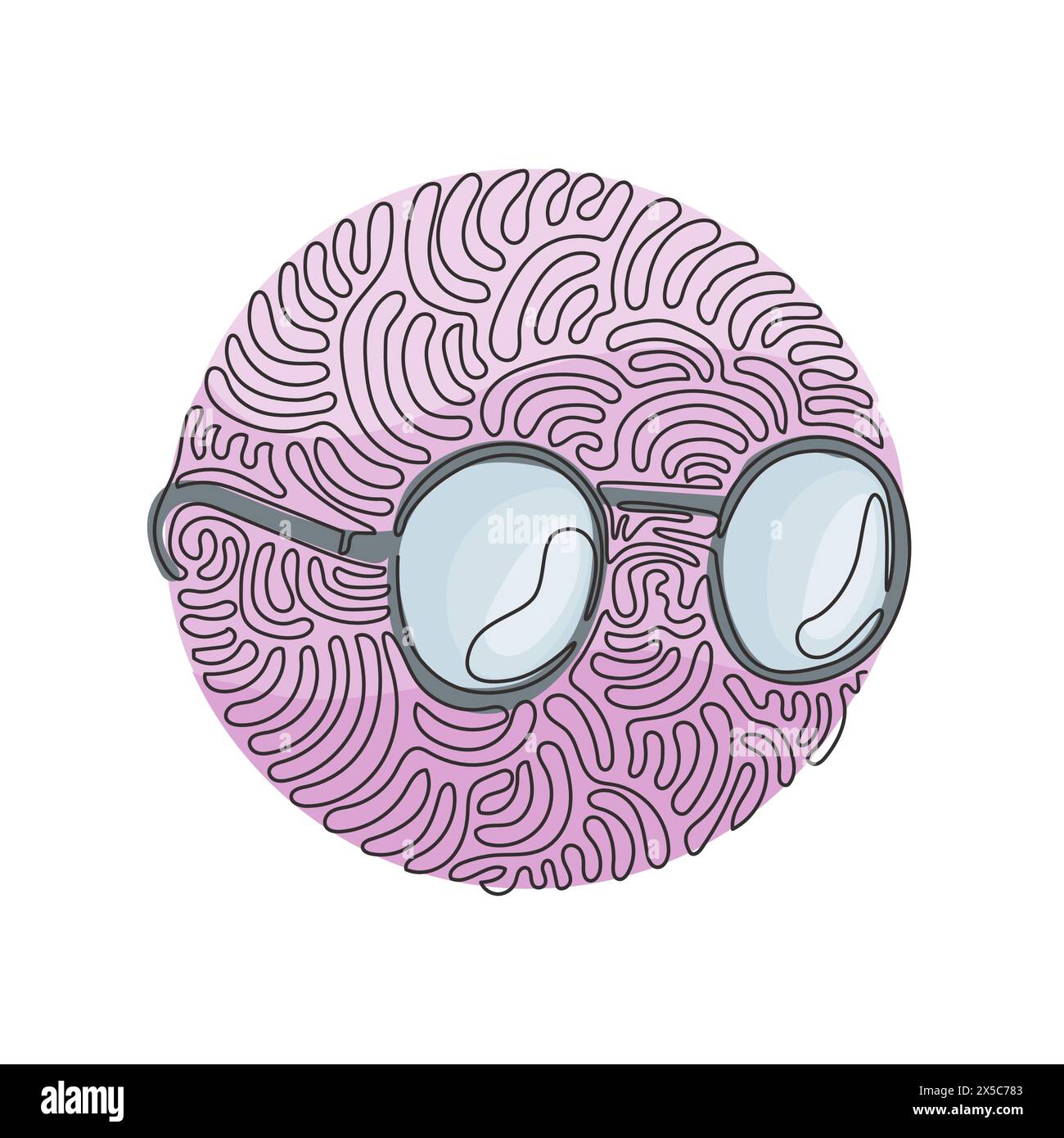 Single one line drawing Round black-rimmed glasses. Side of myopia glasses, round frame, with black glasses legs. Swirl curl circle background style. Stock Vector