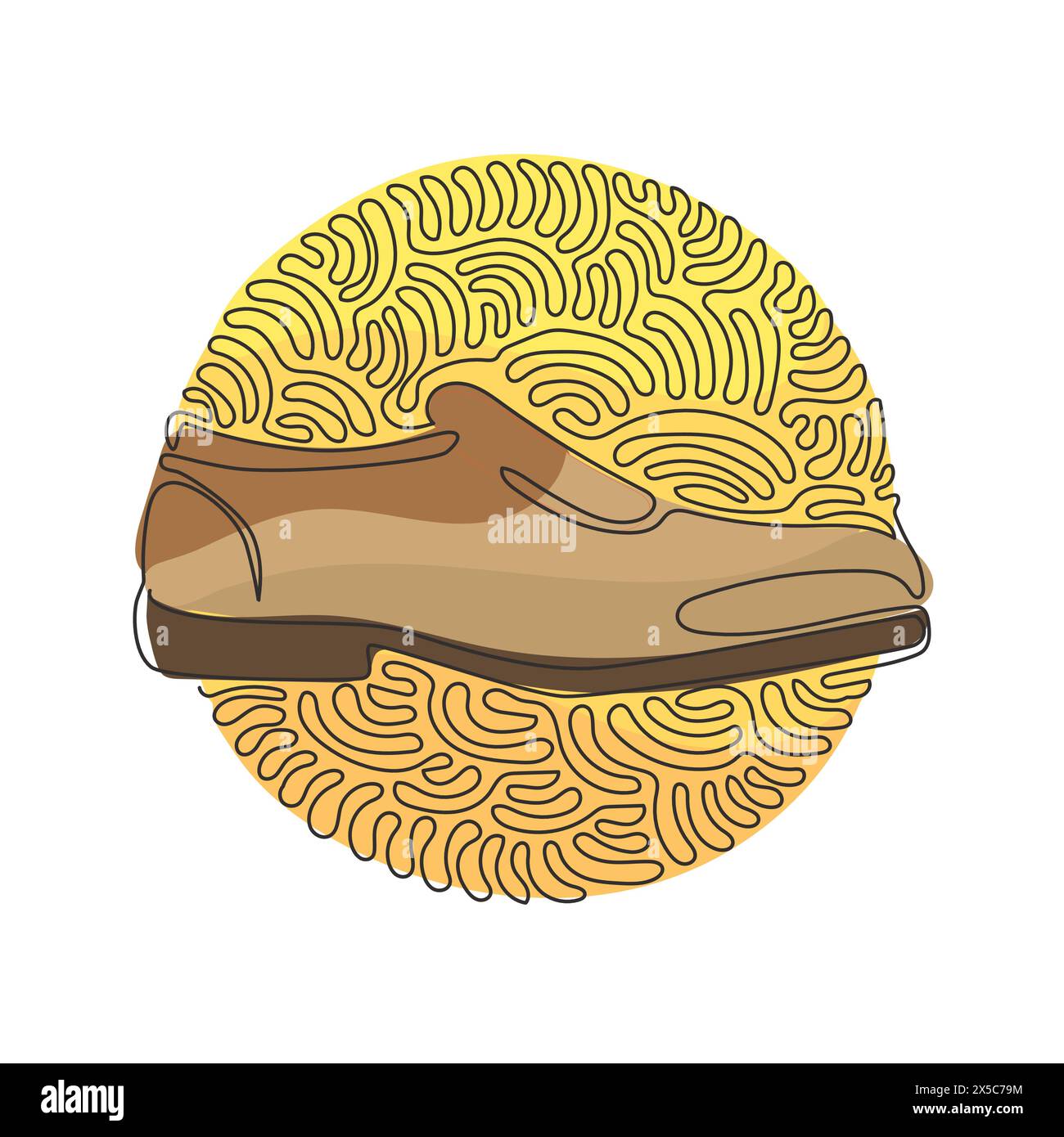Single continuous line drawing male black leather shoes. Comfortable footwear. Men's shoes picture that fit into fashion of the year. Swirl curl circl Stock Vector
