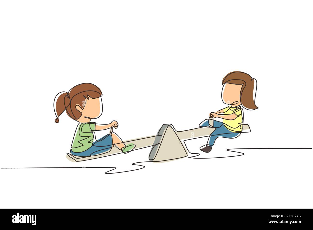 Continuous one line drawing two little girls swinging on seesaw. Kids having fun at playground. Cute kids playing seesaw together happily at park. Sin Stock Vector