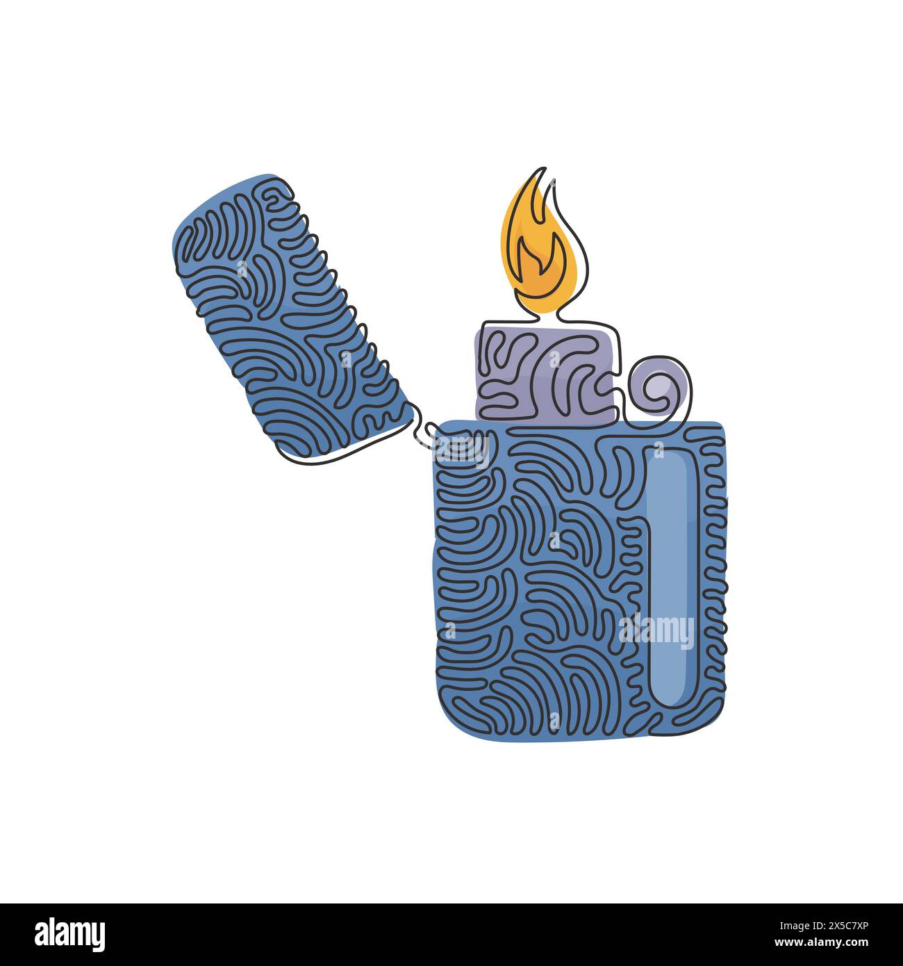 Single one line drawing metal lighter. Fire from lighter. Manual, gas lighter with burning flame in flat style. Swirl curl style concept. Modern conti Stock Vector