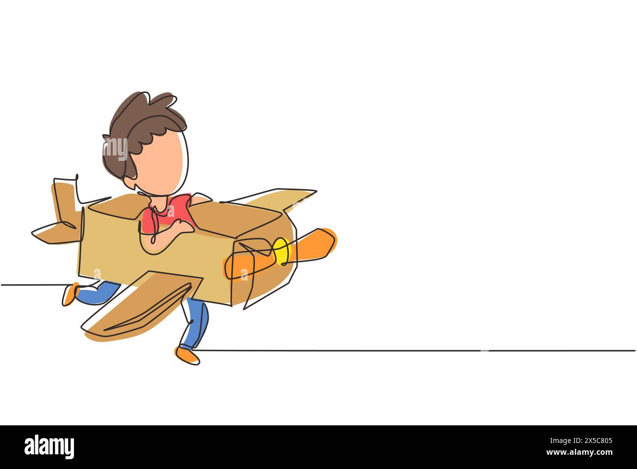 Single one line drawing creative boy playing as pilot with cardboard airplane. Happy kids riding cardboard handmade airplane. Plane game. Modern conti Stock Vector