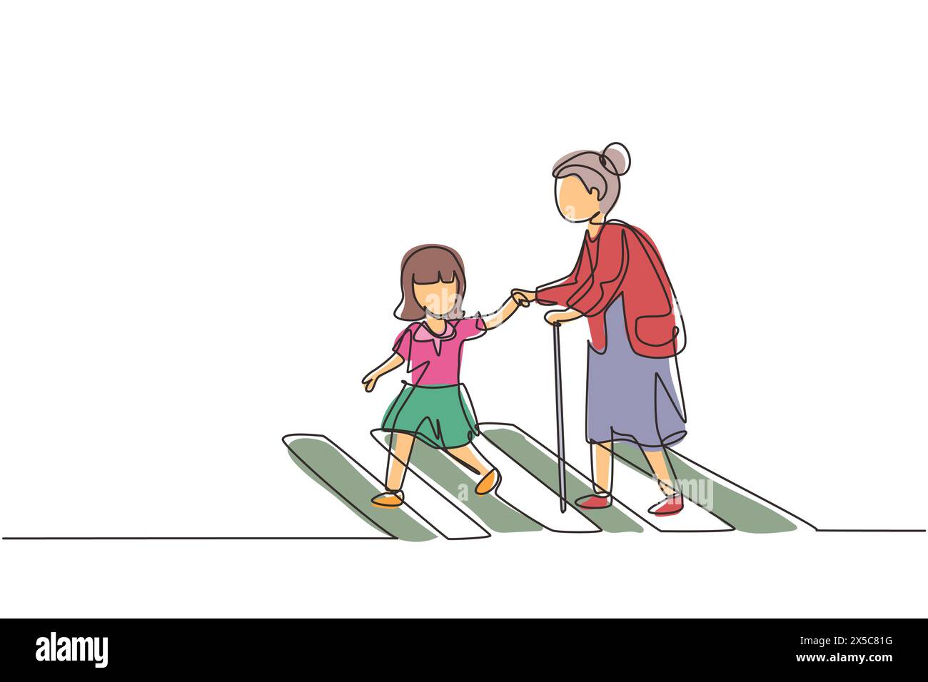 Single one line drawing little girl helps old woman to cross road at pedestrian crossing. Help grandmother crosswalk. Safety traffic. Modern continuou Stock Vector