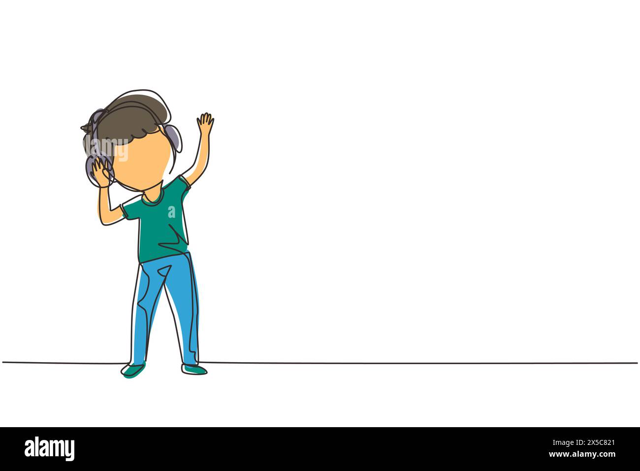 Single one line drawing boy listening to music with headphones on his ...