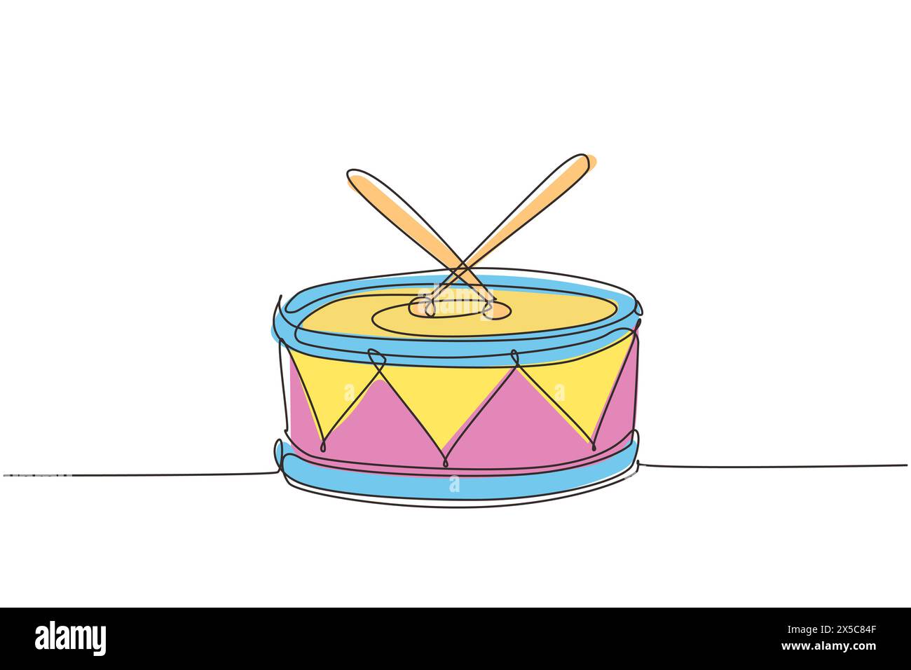 Continuous one line drawing drum with two sticks. Musical instrument