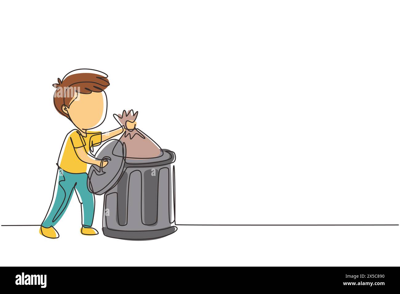 Continuous one line drawing little boy taking out the trash. Kids doing housework chores at home concept. Ecology themed. Eco education. Kids activiti Stock Vector