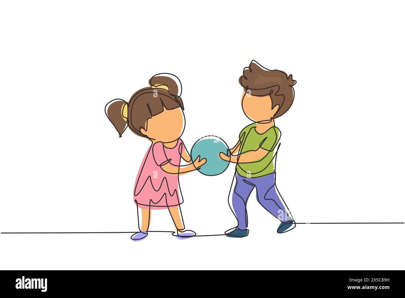 Continuous one line drawing Kids girl and boy brother  sister fighting over a ball. Conflict between children. Kids sibling fighting in playroom becau Stock Vector