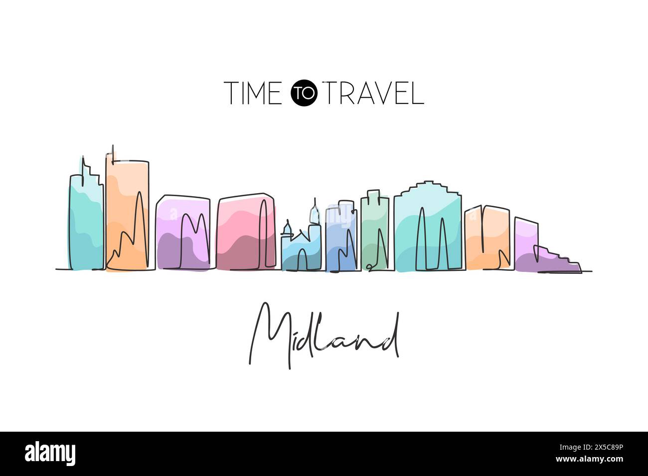 Single continuous line drawing Midland city skyline, Texas. Famous city scraper landscape. Beauty world travel home wall decor art poster print concep Stock Vector