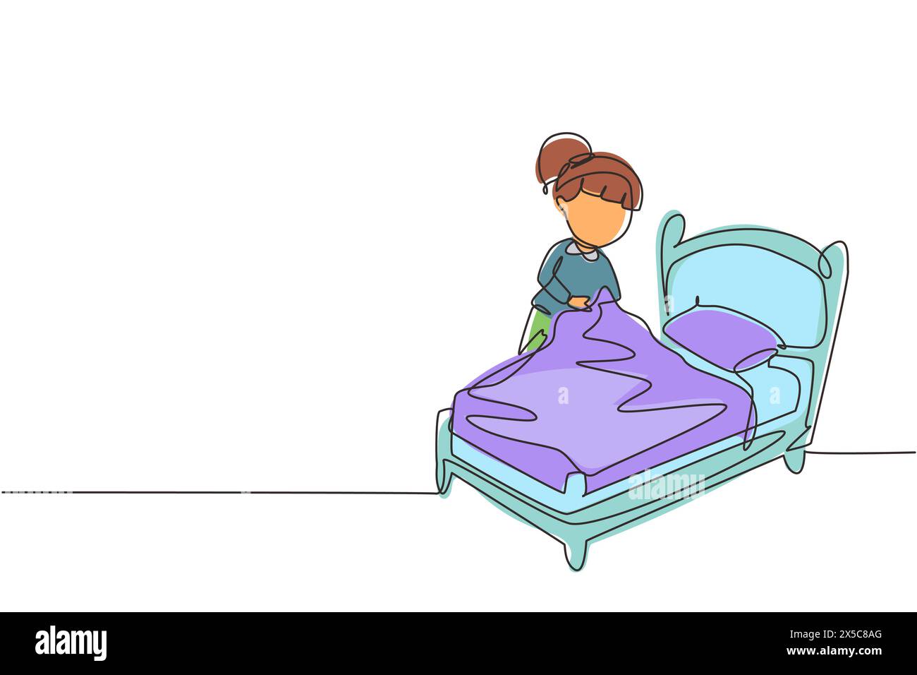 Continuous one line drawing cute girl making the bed. Kids doing housework chores at home concept. Kids routine after waking up to tidy up the bed. Si Stock Vector