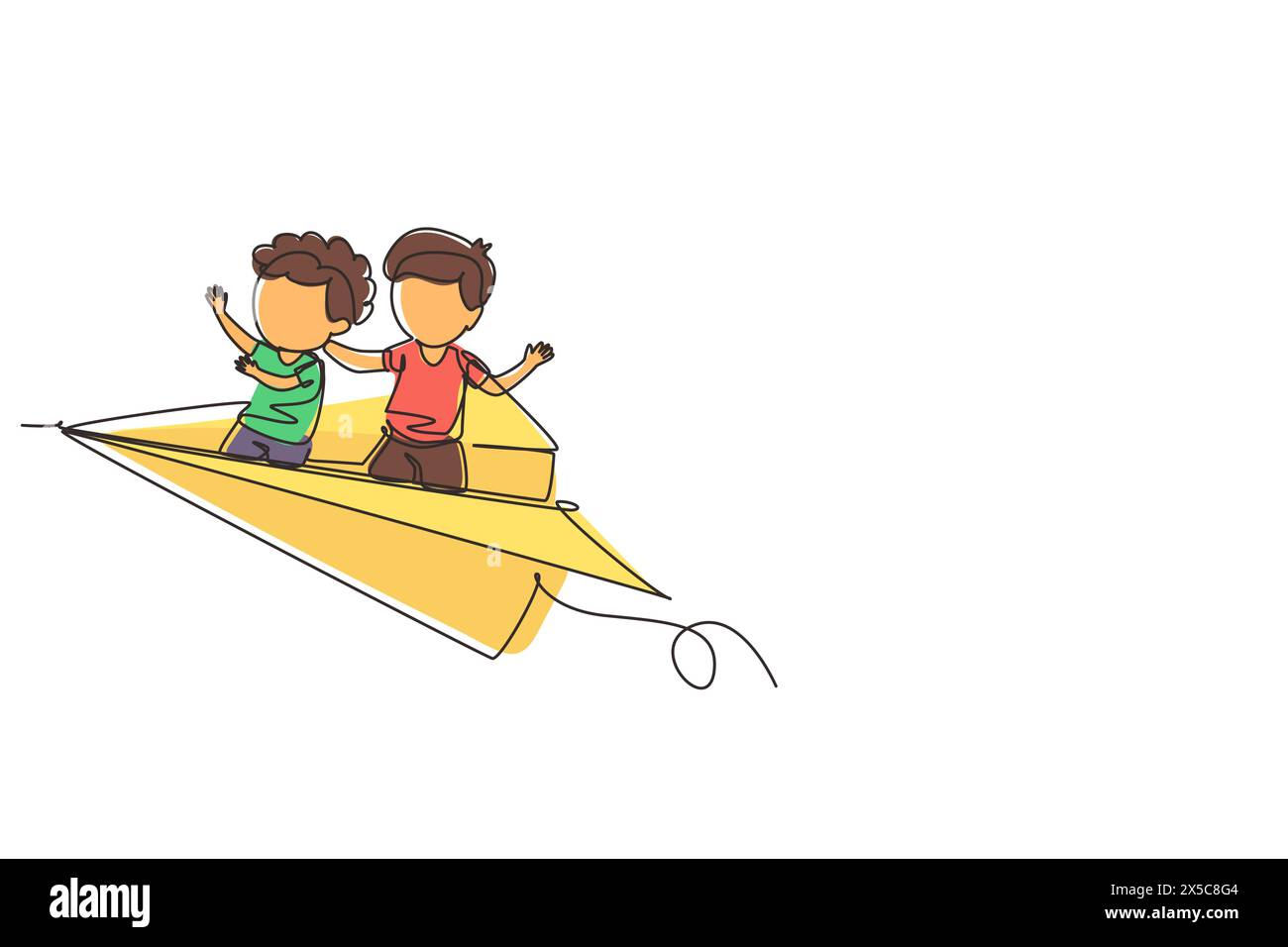 Single one line drawing happy two little boys flying on paper plane. Kids flying on paper airplane together. Children back to school concept. Continuo Stock Vector