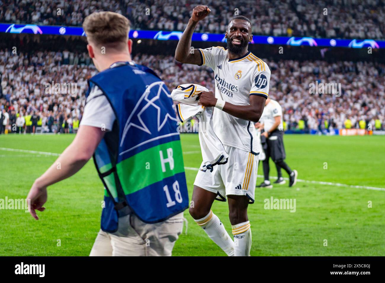 Madrid, Madrid, Spain. 8th May, 2024. MADRID, SPAIN - MAY 8: Antonio Rudiger of Real Madrid seen celebrating the victory at the end of the UEFA Champions League semi-final second leg match between Real Madrid and FC Bayern Munchen at Estadio Santiago Bernabeu on May 8, 2024 in Madrid, Spain. (Credit Image: © Alberto Gardin/ZUMA Press Wire) EDITORIAL USAGE ONLY! Not for Commercial USAGE! Stock Photo