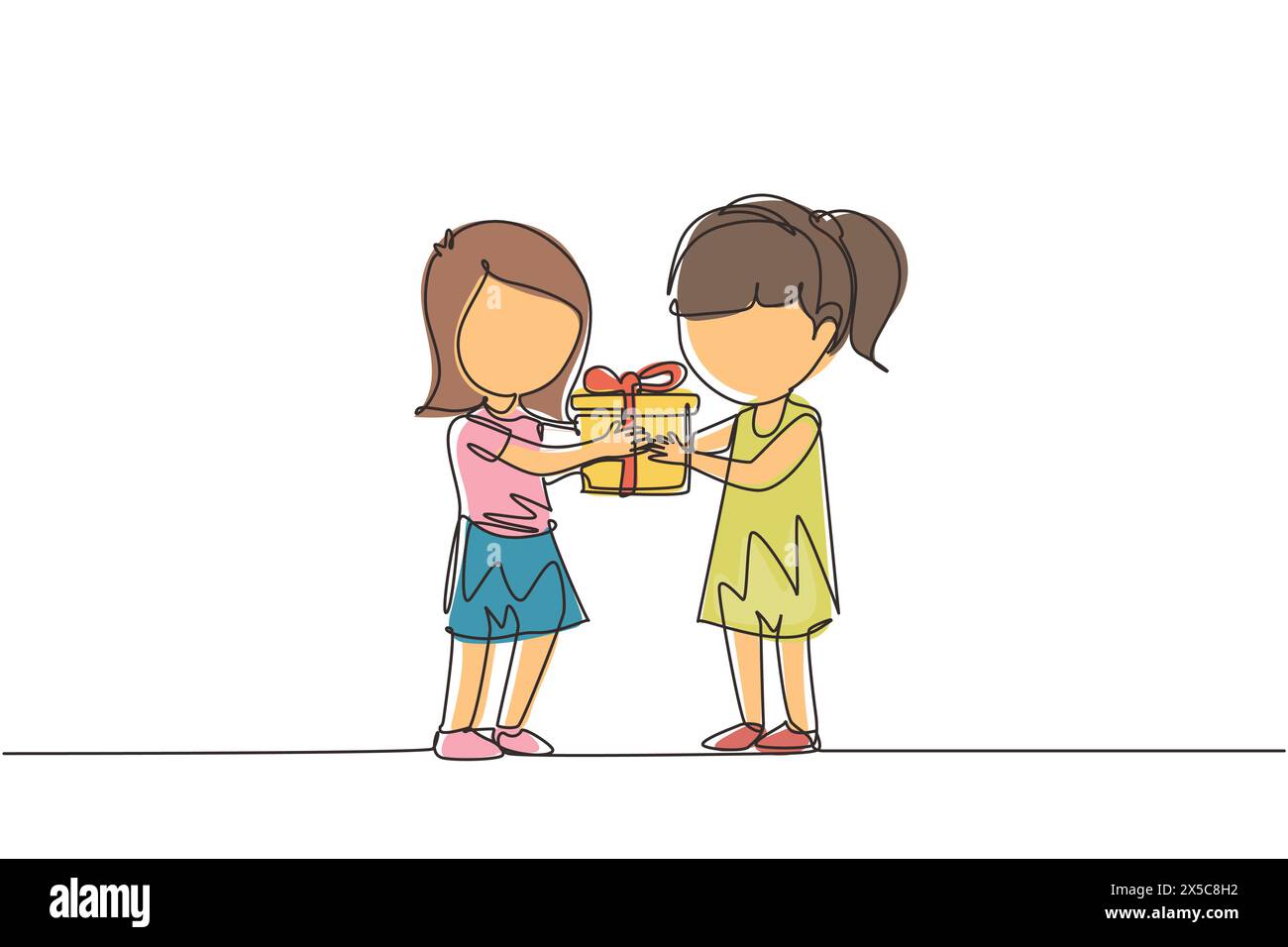 Single one line drawing girl giving her friend birthday ribbon bow gift box. Children excited receiving gift from friend. Child hand over holiday pres Stock Vector