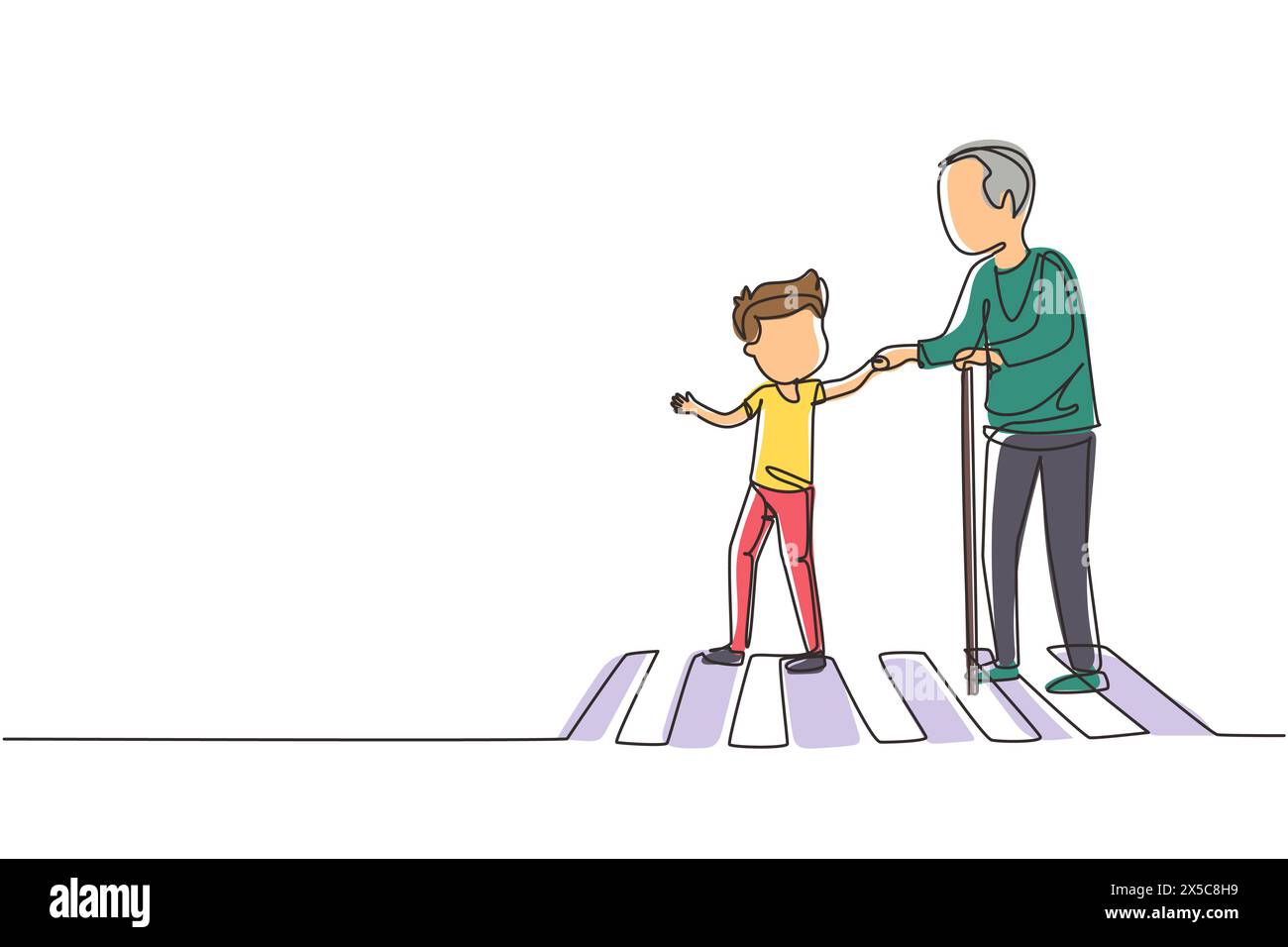 Single continuous line drawing happy boy helps grandfather cross road. Courteous kind kid taking old man across road, holding hand. Manners and respec Stock Vector