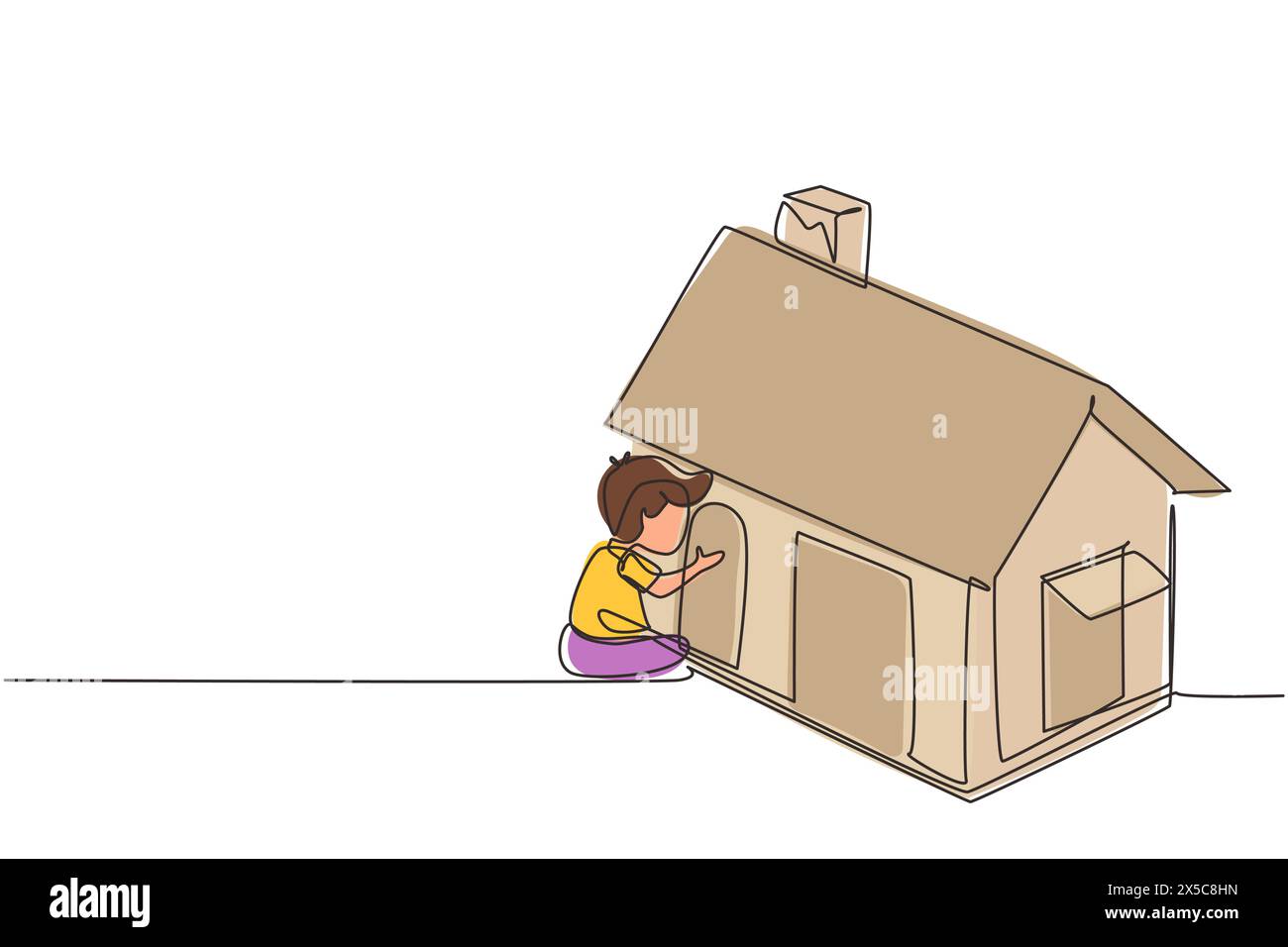 Single one line drawing cute little boy playing in house made of cardboard boxes. Creative child sitting in playhouse. Kid leisure time. Modern contin Stock Vector