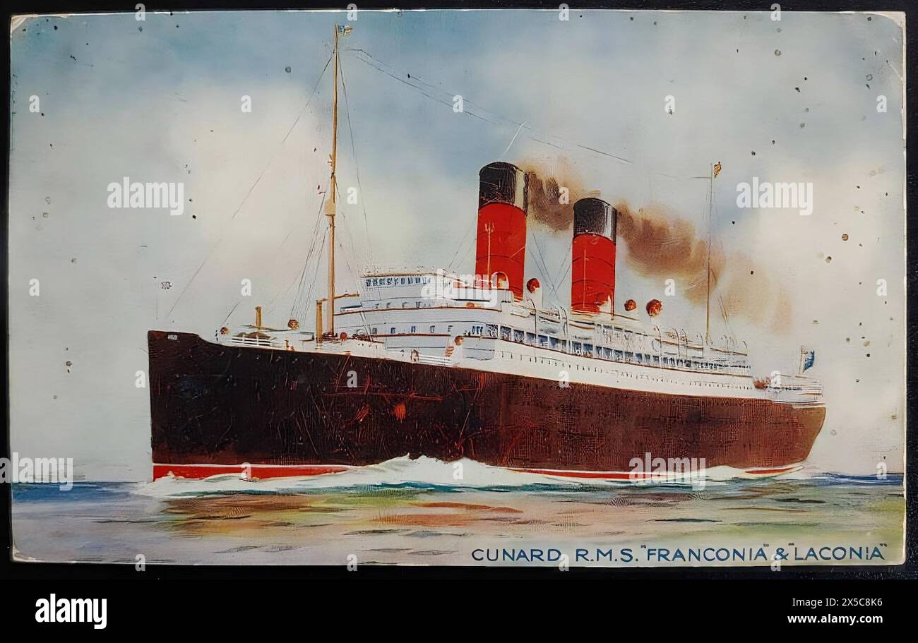 adapted from Vintage Postcard: Cunard RMS Franconia and Laconia cruise ship. 1910s Stock Photo