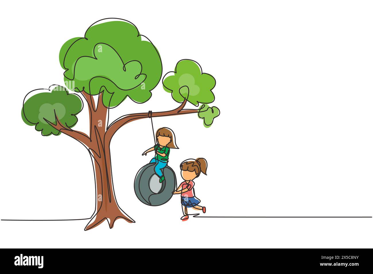 Single one line drawing happy two girls playing tire swing under tree. Cute kids swinging on tire hanging from tree. Children playing in garden. Conti Stock Vector