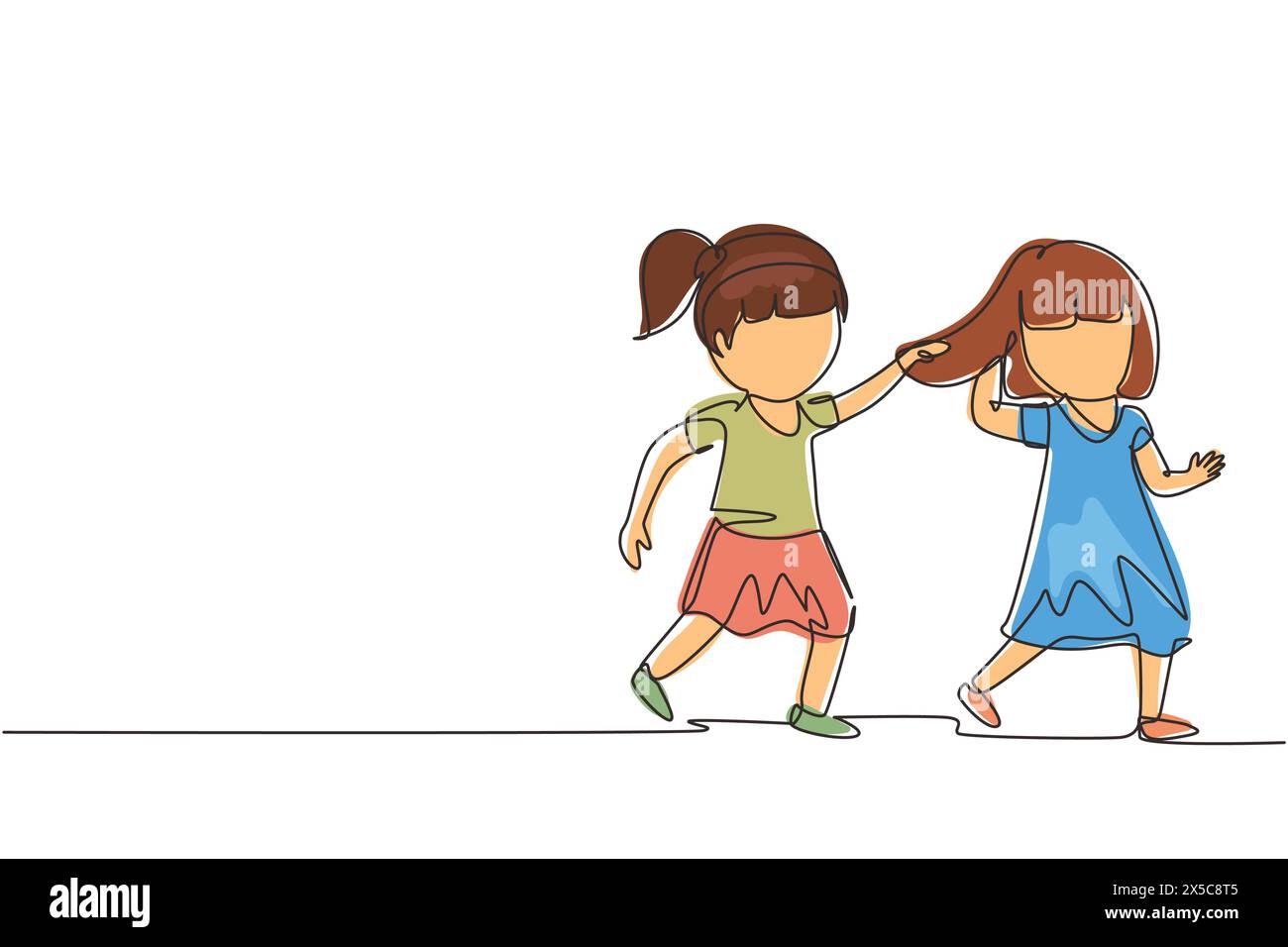 Single continuous line drawing toddler kids girls fighting with one pulling hair of the other. She look of shock and pain. Problem of physical bullyin Stock Vector