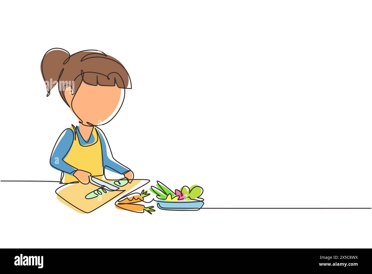 Single continuous line drawing little girl is cutting carrot and other fresh vegetables. Smiling child is enjoying cooking at home to help mother. One Stock Vector