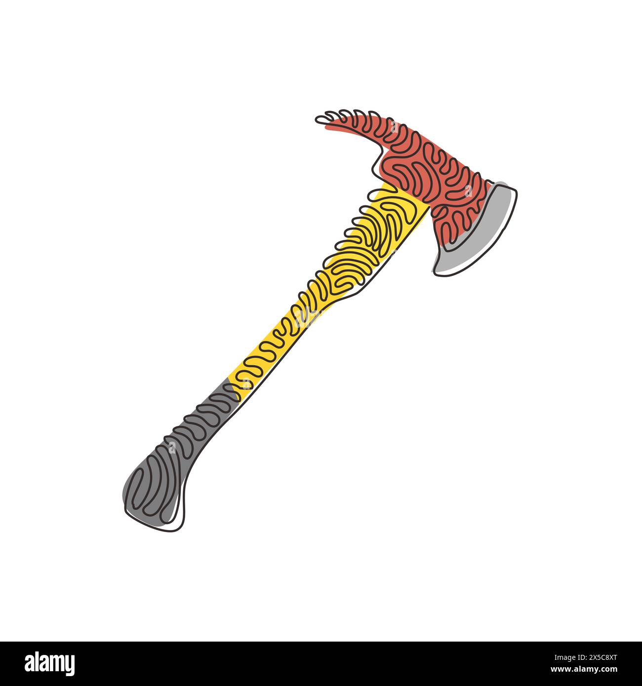 Single one line drawing red fire axe icon. Firefighter ax. Fire extinguishing equipment. Professional tool and instrument. Swirl curl style. Continuou Stock Vector