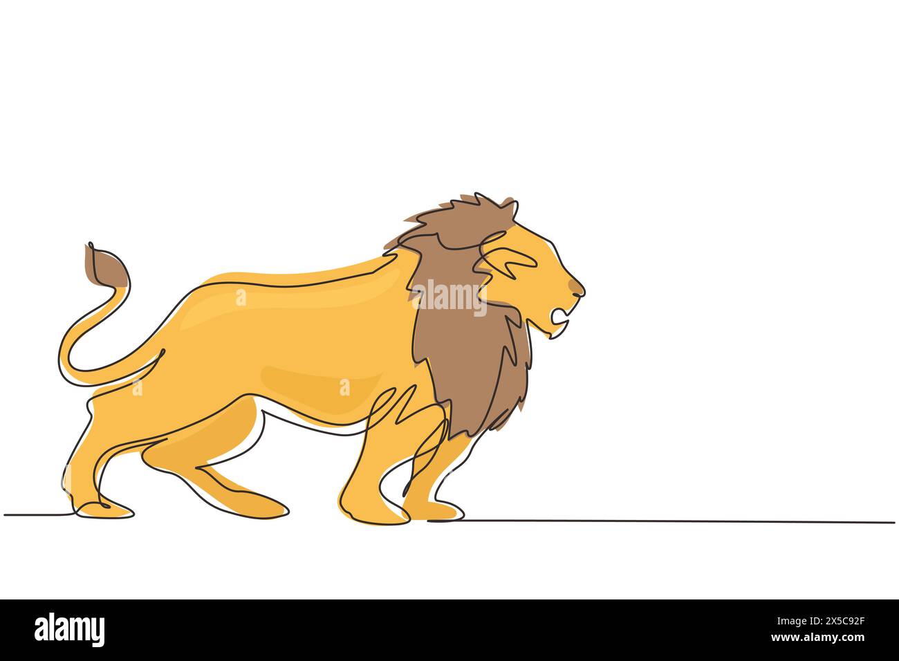 Single continuous line drawing strong lion standing full body, king of the jungle. Strong feline mammal mascot. Dangerous big cat animal logo. Dynamic Stock Vector